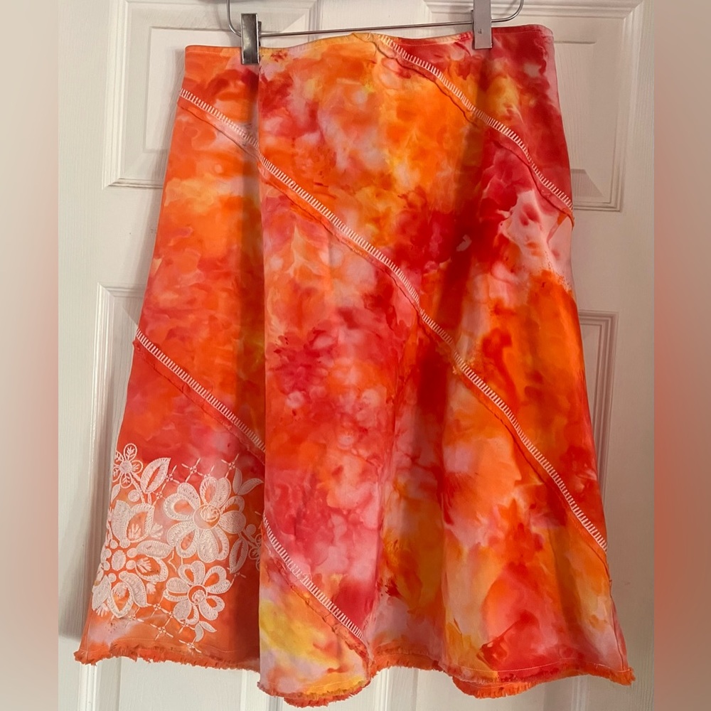 Ice Dyed White House Black Market Embroidered Cotton Denim Twill Skirt
